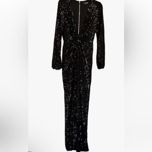 Fashion Nova Black deep V neck sequined long sleeve faux wrap maxi dress